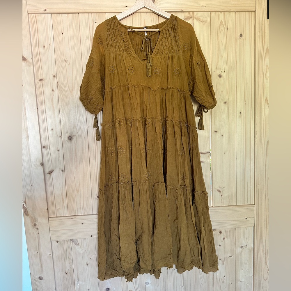 Free People Celestial Skies Midi Dress Tiered Oversized Mustard Yellow Bronze - Picture 2 of 5
